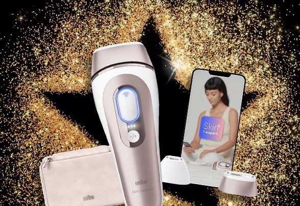 Braun product in front of a black star surrounded by gold glitter